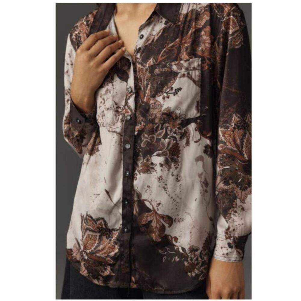 Anthropologie Relaxed Long-Sleeve Brown Floral Shirt